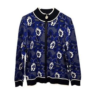 Anne Klein Black Blue White Floral Zip Up Cardigan Varsity Black Trim NWT, Sz M